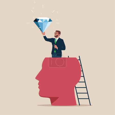 Businessman succeed finding valuable diamond inside his head. Finding yourself searching for self value, success dream. Modern vector illustration in flat style