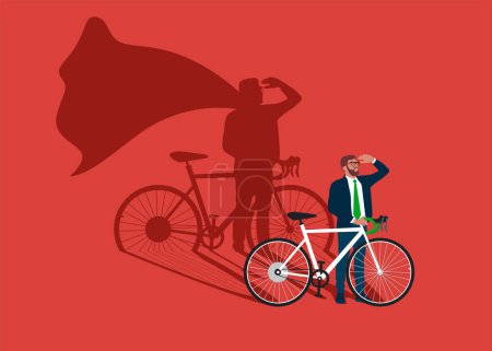 Illustration for Businessman with bike dreams of becoming a superhero. Confident handsome young man standing superhero shadow concept illustration. - Royalty Free Image