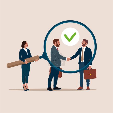 Téléchargez les illustrations : Woman holding magnifying glass zoom in two businessmen shake hands and agree to do business. Business transparency. Flat vector illustration. - en licence libre de droit