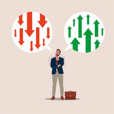  Businessman thinking about business arrow positive and negative. Modern vector illustration in flat style