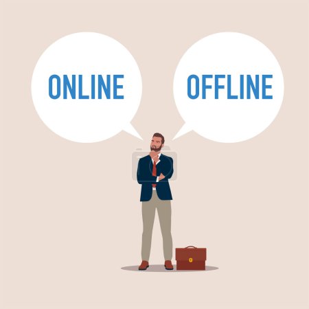  Geschäftsleute stehen verwirrt vor der Wahl zwischen zwei Optionen online oder offline. Moderne Vektorillustration im flachen Stil