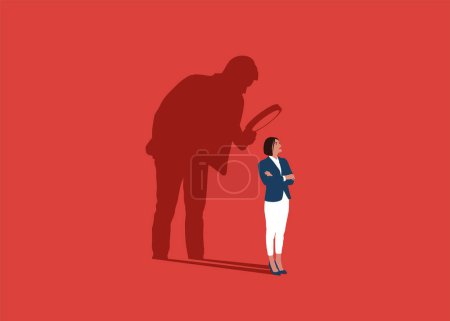 Téléchargez les illustrations : Businesswoman with shadow using magnifying glass to analyze herself. Self-assessment, find plan, goals life or work. Modern vector illustration in flat style - en licence libre de droit