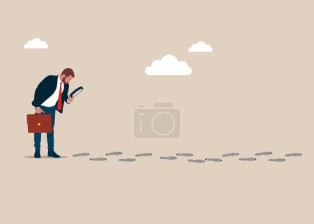 Illustration for Businessman using huge magnifying glass analyze footprints track. Modern vector illustration in flat style - Royalty Free Image