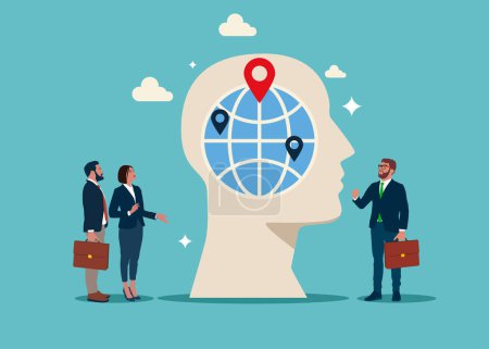 business people looking at big head with location pins, flat vector design