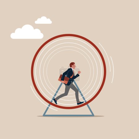  Businessman running in a hamster wheel. Modern vector illustration in flat style.