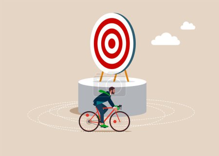 Ilustración de Hombre de negocios con paseos en bicicleta alrededor del objetivo. Ilustración vectorial moderna en estilo plano - Imagen libre de derechos