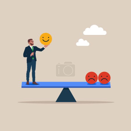 Téléchargez les illustrations : Homme d'affaires équilibrage sur balançoire avec sourire et visages tristes - en licence libre de droit