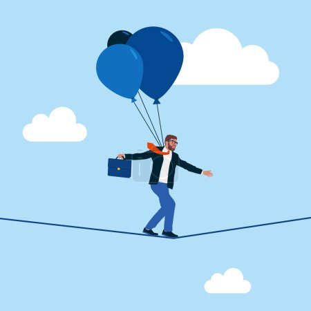  Geschäftsmann Akrobat auf dem Seil mit Luftballons gehen, um das Risiko zu verringern. Risikomanagement-Kontrolle. Moderne Vektorillustration im flachen Stil