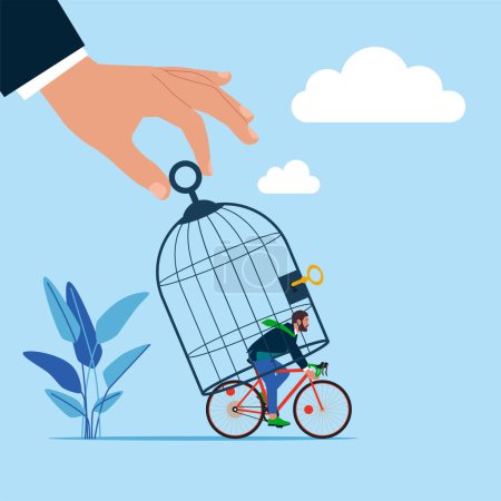  Große Hand fängt Kleinunternehmer mit Fahrrad mit Vogelkäfig. Moderne Vektorillustration im flachen Stil
