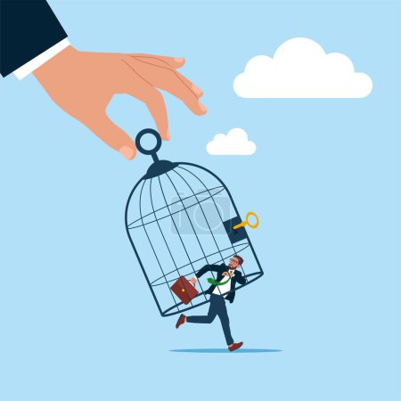  Big hand catching small businessman with birdcage. Flat vector illustration