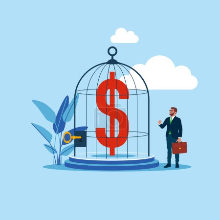Ilustración de Hombre de negocios mirando el signo dólar dentro de la jaula. Ilustración vectorial moderna en estilo plano - Imagen libre de derechos
