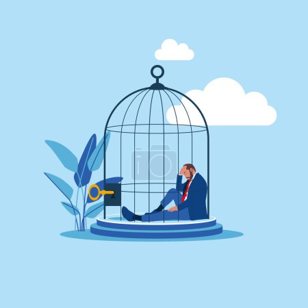  Depressed businessman lock herself sit inside birdcage. Anxiety or depression, solitude, fear to get outside. Flat vector illustration