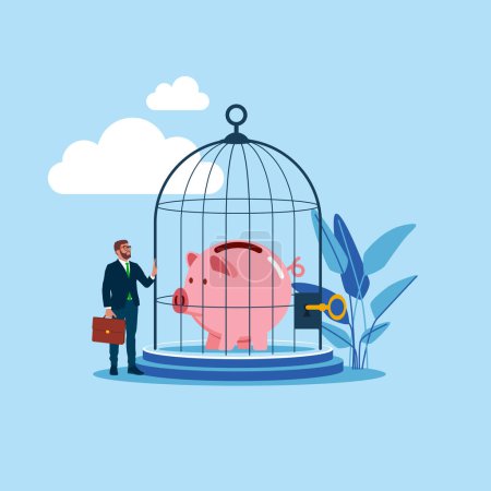Téléchargez les illustrations : Businessman stand with wealthy piggy bank under bird cage strong protection. Protect money from inflation, insurance. Modern vector illustration in flat style - en licence libre de droit