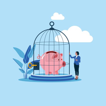 businesswoman with piggy bank in cage, vector illustration design