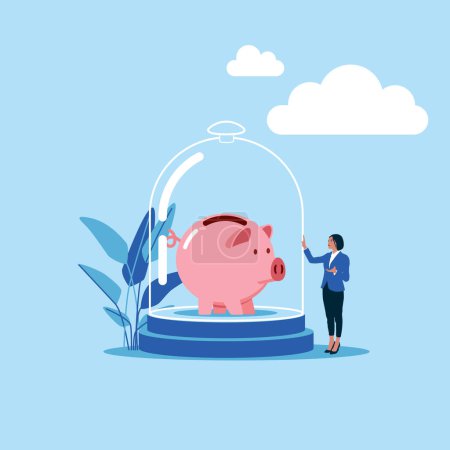 businesswoman with piggy bank, savings concept. Flat vector illustration.