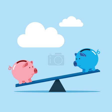 pink and blue piggy banks on seesaw, flat vector design