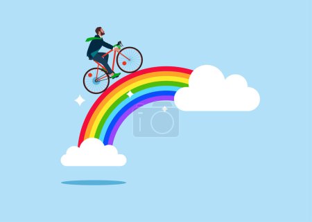 Ilustración de Feliz hombre de negocios con paseos en bicicleta en el colorido arco iris en el cielo. Inspiración para ser éxito, imaginación y creatividad para construir esperanza y brillante futuro, pensamiento positivo para encontrar oportunidad. - Imagen libre de derechos