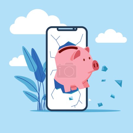 piggy bank with broken smartphone screen. Flat vector illustration.