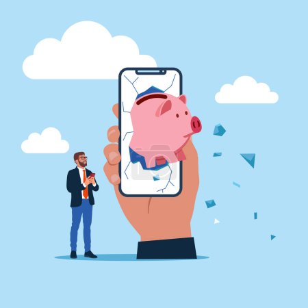  Application with piggy bank money savings with a phone in hand. Flat vector illustration.