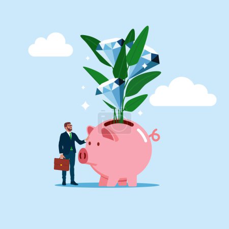  Man hand holding diamond flower plant from piggy bank. Investment growth. Modern vector illustration in flat style
