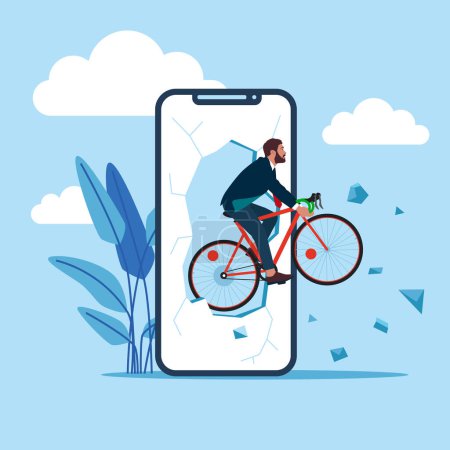  Hombre de negocios en bicicleta que sale de la pantalla de un teléfono inteligente. Ilustración vectorial moderna en estilo plano