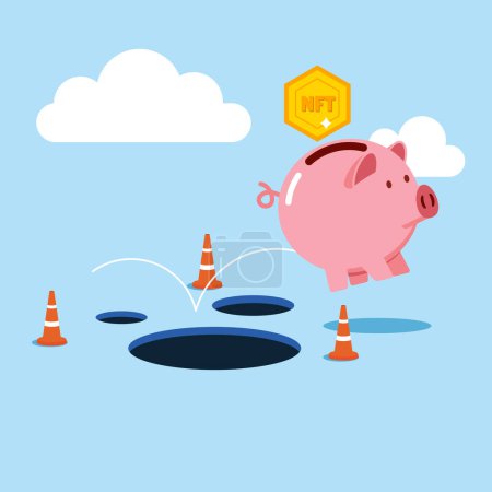  Pink piggy bank with coin. Avoid pitfall, mistake and failure. Modern vector illustration in flat style