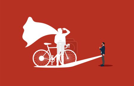 Illustration for Businessman with bike dreams of becoming a superhero. Confident handsome young man standing superhero shadow concept illustration. - Royalty Free Image