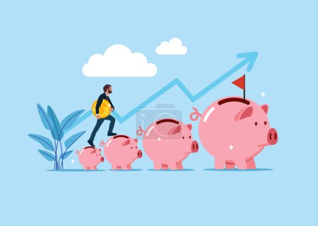 Businessman with money coin start step on piggy bank up. Invest in stock market, collecting wealth. Modern vector illustration in flat style