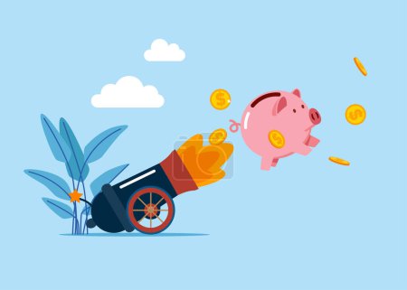 Illustration for Piggy bank shot from cannon. Capital money growth. Modern vector illustration in flat style - Royalty Free Image