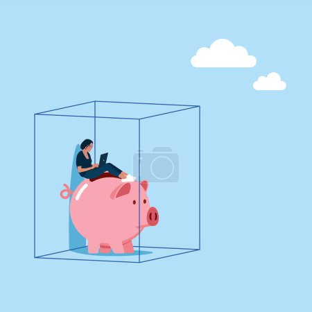  Girl working with laptop computer, sitting on pink piggy bank inside the box. Introvert woman. Flat vector illustration.