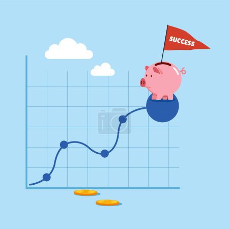 Illustration for Pink piggy bank holding success flag on top of graph. Modern vector illustration in flat style - Royalty Free Image