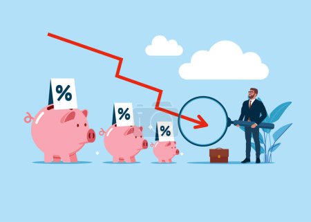 Businessman hold magnifying with pile of piggy bank. Interest downgrade hike due to inflation. Flat vector illustration on blue background.