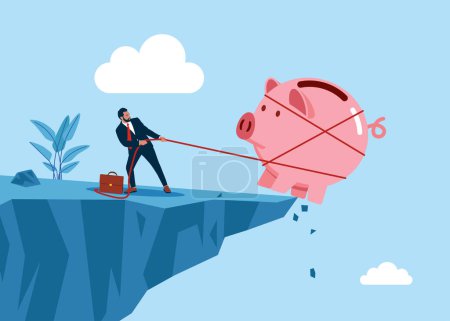 Ilustración de Hombre de negocios tratando de salvar su hucha rosa. Problemas financieros de deuda o préstamo. Ilustración vectorial moderna en estilo plano - Imagen libre de derechos