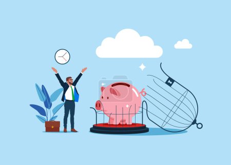  Pink piggy bank is free from restrictions, sanctions and bans. Financial freedom. Flat vector illustration.