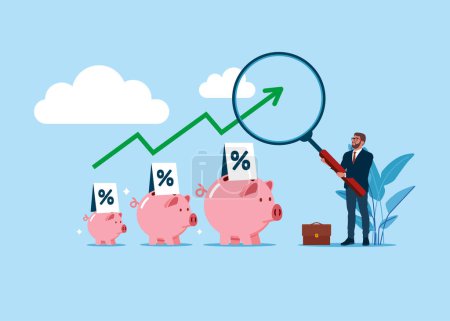 Businessman hold magnifying with pile of piggy bank. Interest rate hike due to inflation. Vector illustration.