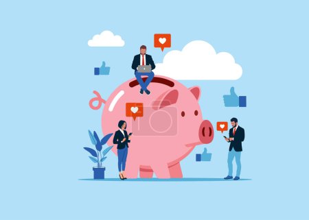 business people with phones and laptop, piggy bank and social media icons 