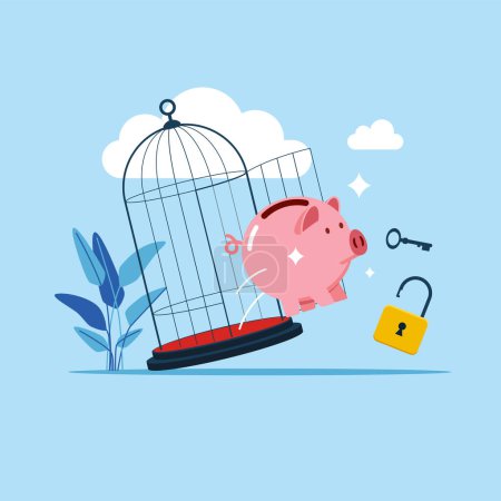 Illustration for Piggy bank with key free himself from cage. Freedom concept. Modern vector illustration in flat style - Royalty Free Image