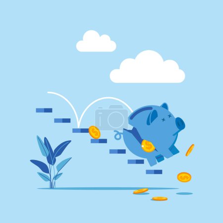 blue piggy bank with coins falling down steps vector illustration design