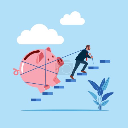  Businessman pulling pink piggy bank up stair case. Modern vector illustration in flat style