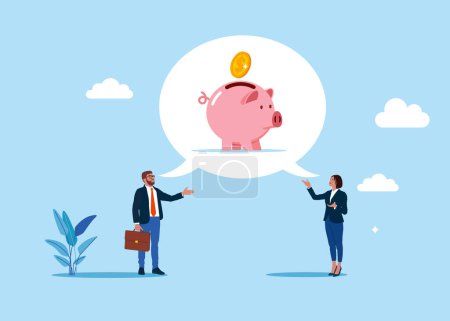 Téléchargez les illustrations : Businesswoman and businessman  with piggy bank and coin in speech bubble - en licence libre de droit