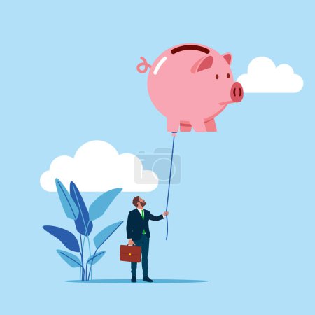  Businessman pulling the Pink piggy bank. Working, Achievement. Modern vector illustration in flat style