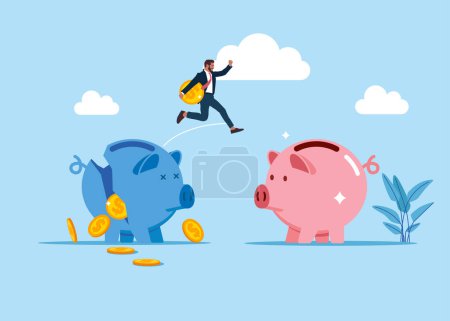  Piggy banks with coins. Avoid pitfall, mistake and failure. Modern vector illustration in flat style