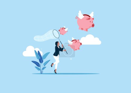  Girl chasing to catch flying pink piggy bank. Modern vector illustration in flat style