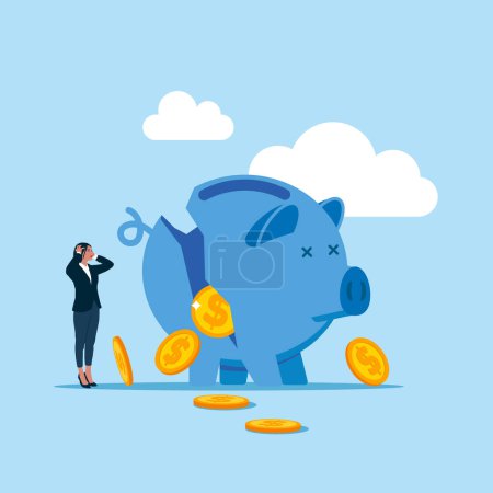 businesswoman with broken piggy bank and coins vector illustration design