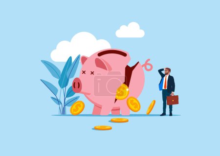 Piggy bank with falling dollar coins. Finance, saving money. Modern vector illustration in flat style