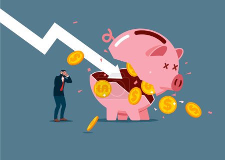 Piggy bank with falling dollar coins. Finance, saving money. Modern vector illustration in flat style