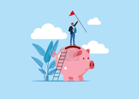  Businessman climbing on top of pink piggy bank. Holding winning flag for business goal. Modern vector illustration in flat style