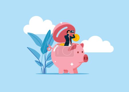 Businessman open pink piggy bank using binoculars to searching for success concept. Modern vector illustration in flat style