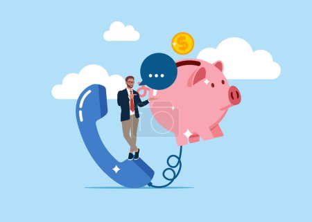  Telesales. Businessman with telephone connected to pink piggy bank. Flat vector illustration