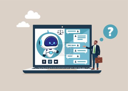 Online legal advice. Business person uses laptop for consulting with android attorney. Modern vector illustration in flat style